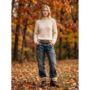 Aran Mor Ireland Wool Cable Knit Fisherman Cream Sweater Mock Neck Vintage Sz. S